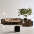 Brązowy komplet wypoczynkowy z technorattanu z beżowymi poduszkami, sofa narożna 280 × 170 × 72 cm