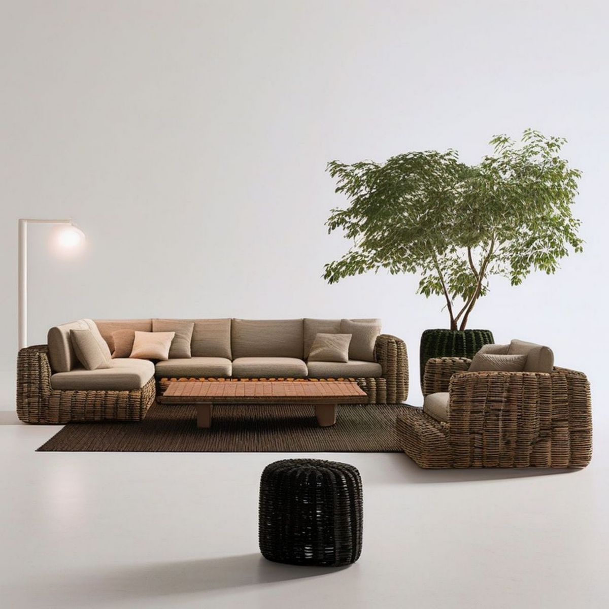 Brązowy komplet wypoczynkowy z technorattanu z beżowymi poduszkami, sofa narożna 280 × 170 × 72 cm