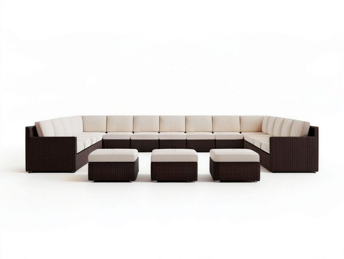 Modułowy zestaw wypoczynkowy z technorattanu PE w układzie U, 13 elementów, 560 × 140 × 65 cm, Brązowy/Kremowy