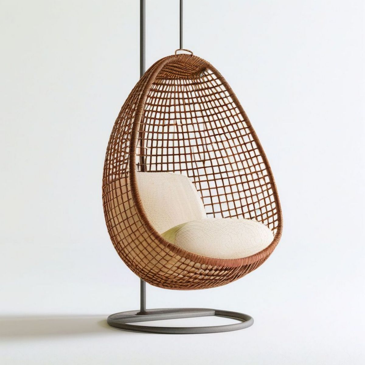 Brązowy fotel wiszący kokon z naturalnego rattanu z podstawą 105 × 95 × 195 cm